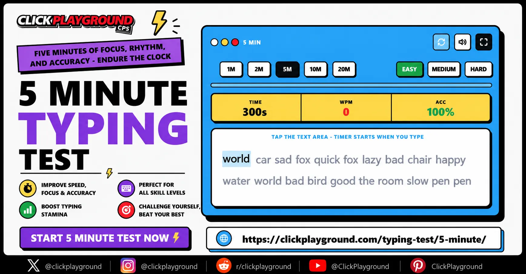 5 Minute Typing Speed Test Online Benchmark | ClickPlayground
